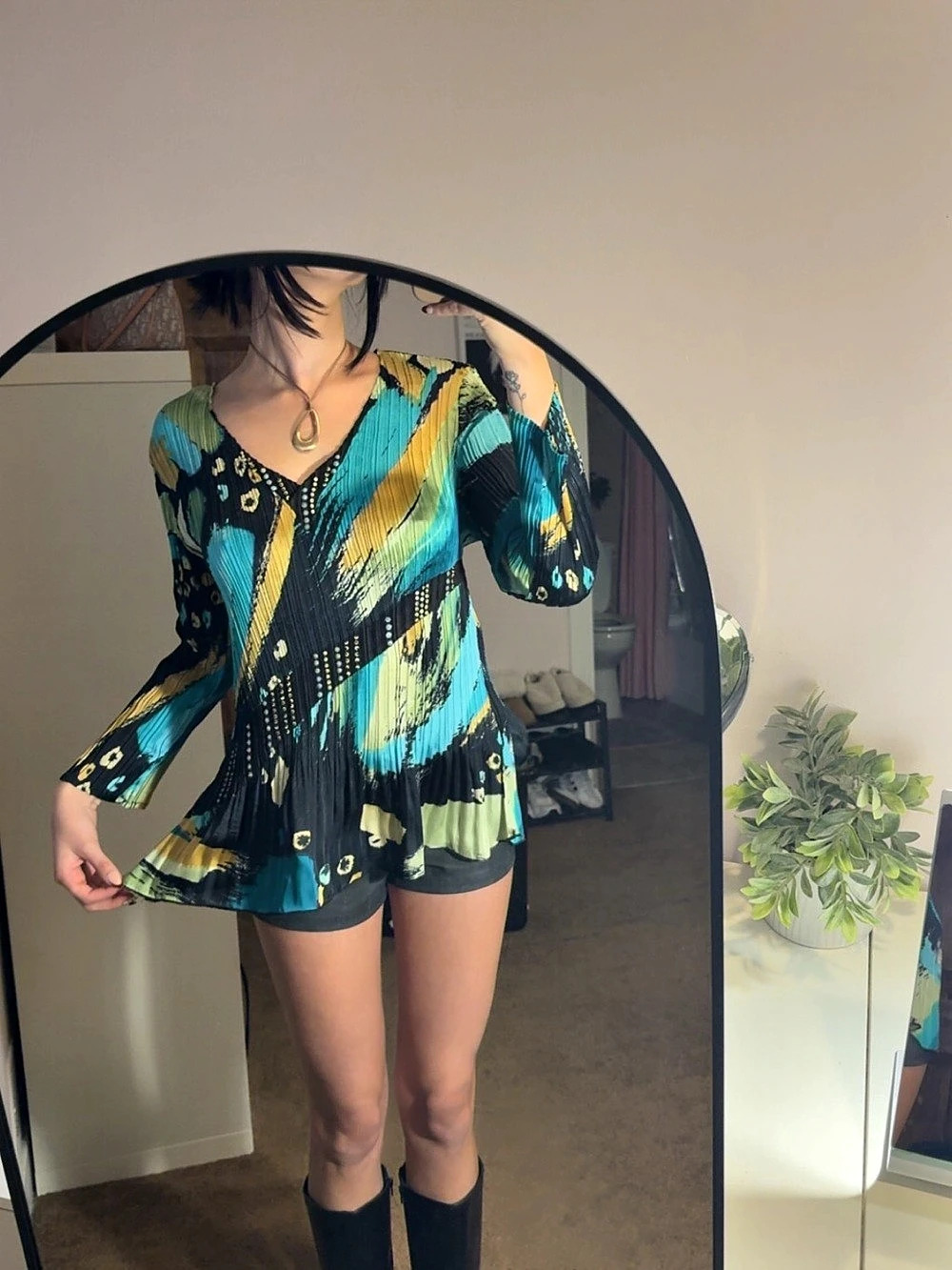 Y2K Abstract Print Long Sleeve Blouse in Black & Blue